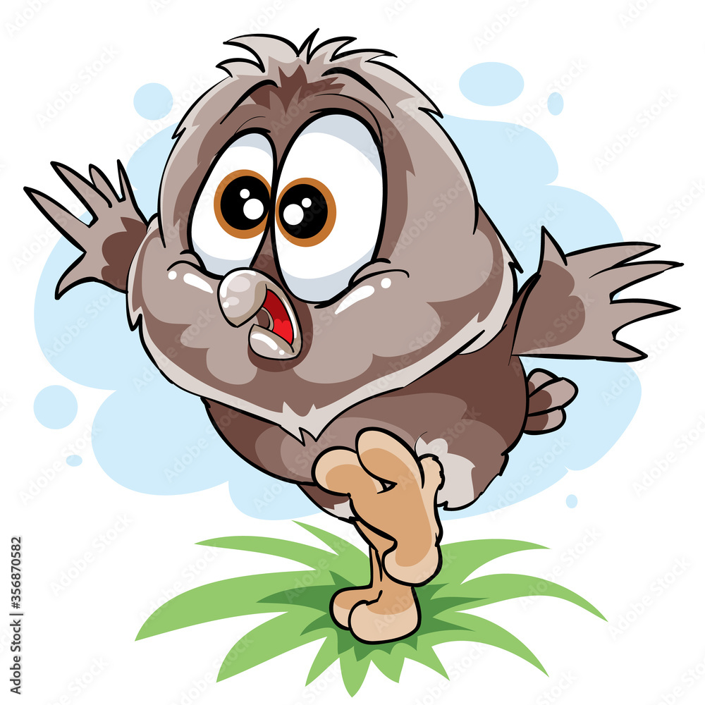 Obraz premium cute owl with big eyes resolutely walks on the grass, courage, courage, isolated object on a white background, cartoon illustration, vector illustration,