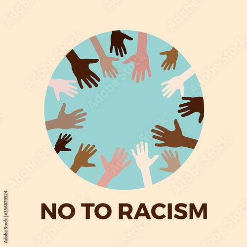 No to racism. Stop to racism and discrimination. Different races hands inside a circle. Vector Illustration
