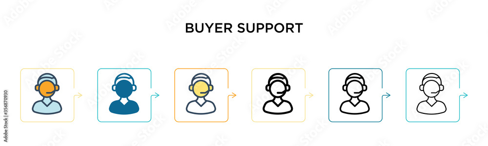 Buyer support vector icon in 6 different modern styles. Black, two colored buyer support icons designed in filled, outline, line and stroke style. Vector illustration can be used for web, mobile, ui