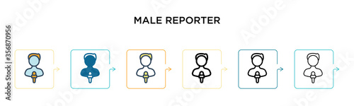 Male reporter vector icon in 6 different modern styles. Black, two colored male reporter icons designed in filled, outline, line and stroke style. Vector illustration can be used for web, mobile, ui