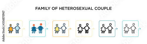 Family of heterosexual couple vector icon in 6 different modern styles. Black, two colored family of heterosexual couple icons designed in filled, outline, line and stroke style. Vector illustration