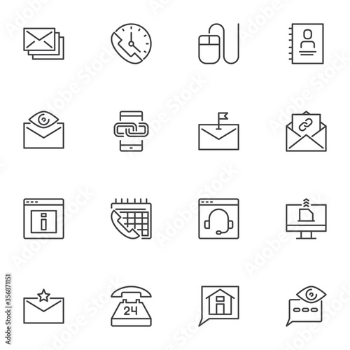 Contact us service line icons set, outline vector symbol collection, linear style pictogram pack. Signs, logo illustration. Set includes icons as 24 7 online support, email phone communication, chat