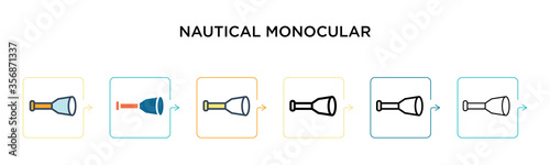 Nautical monocular vector icon in 6 different modern styles. Black, two colored nautical monocular icons designed in filled, outline, line and stroke style. Vector illustration can be used for web,