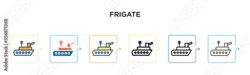 Frigate vector icon in 6 different modern styles. Black, two colored frigate icons designed in filled, outline, line and stroke style. Vector illustration can be used for web, mobile, ui