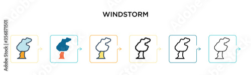 Windstorm vector icon in 6 different modern styles. Black, two colored windstorm icons designed in filled, outline, line and stroke style. Vector illustration can be used for web, mobile, ui