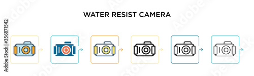 Water resist camera vector icon in 6 different modern styles. Black, two colored water resist camera icons designed in filled, outline, line and stroke style. Vector illustration can be used for web,