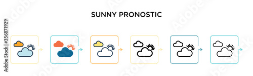 Sunny pronostic vector icon in 6 different modern styles. Black, two colored sunny pronostic icons designed in filled, outline, line and stroke style. Vector illustration can be used for web, mobile,