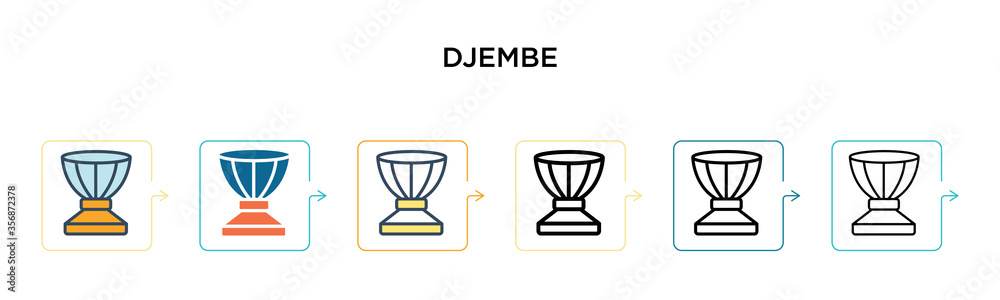 Djembe vector icon in 6 different modern styles. Black, two colored djembe icons designed in filled, outline, line and stroke style. Vector illustration can be used for web, mobile, ui Djembe vector icon in 6 different modern styles. Black, two colored djembe icons designed in filled, outline, line and stroke style. Vector illustration can be used for web, mobile, ui