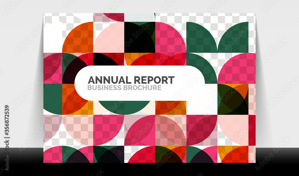 Horizontal A4 business flyer annual report template, circles and triangle style shapes modern geometric design for brochure layout, magazine or booklet
