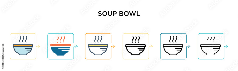 Soup bowl vector icon in 6 different modern styles. Black, two colored soup bowl icons designed in filled, outline, line and stroke style. Vector illustration can be used for web, mobile, ui Soup bowl vector icon in 6 different modern styles. Black, two colored soup bowl icons designed in filled, outline, line and stroke style. Vector illustration can be used for web, mobile, ui
