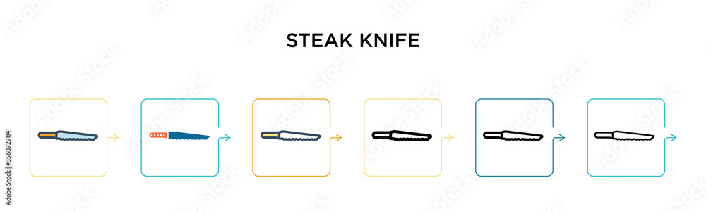 Steak knife vector icon in 6 different modern styles. Black, two colored steak knife icons designed in filled, outline, line and stroke style. Vector illustration can be used for web, mobile, ui