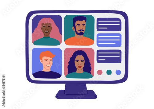 Online video conference, colleagues meeting from home, computer screen. Vector illustration, flat cartoon style. 