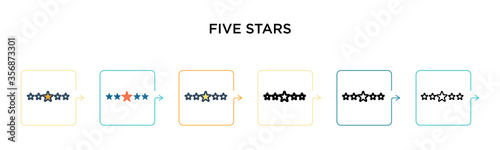 Five stars vector icon in 6 different modern styles. Black, two colored five stars icons designed in filled, outline, line and stroke style. Vector illustration can be used for web, mobile, ui