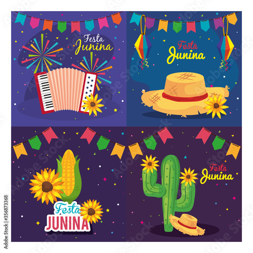 festa junina set cards, brazil june festival with decoration vector illustration design