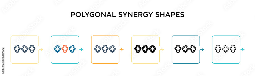Obraz premium Polygonal synergy shapes vector icon in 6 different modern styles. Black, two colored polygonal synergy shapes icons designed in filled, outline, line and stroke style. Vector illustration can be used