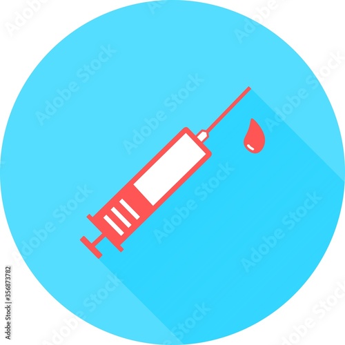 Medical syringe, hypodermic needle, Inject needle concept of vaccination, injection in circle icon with long shadows. Vector illustration. Drug dose concept. Symbol web site design, logo, app, UI.
