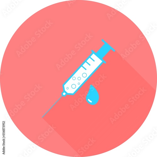 Medical syringe, hypodermic needle, Inject needle concept of vaccination, injection in circle icon with long shadows. Vector illustration. Drug dose concept. Symbol web site design, logo, app, UI.