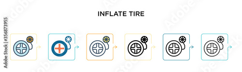 Inflate tire vector icon in 6 different modern styles. Black, two colored inflate tire icons designed in filled, outline, line and stroke style. Vector illustration can be used for web, mobile, ui