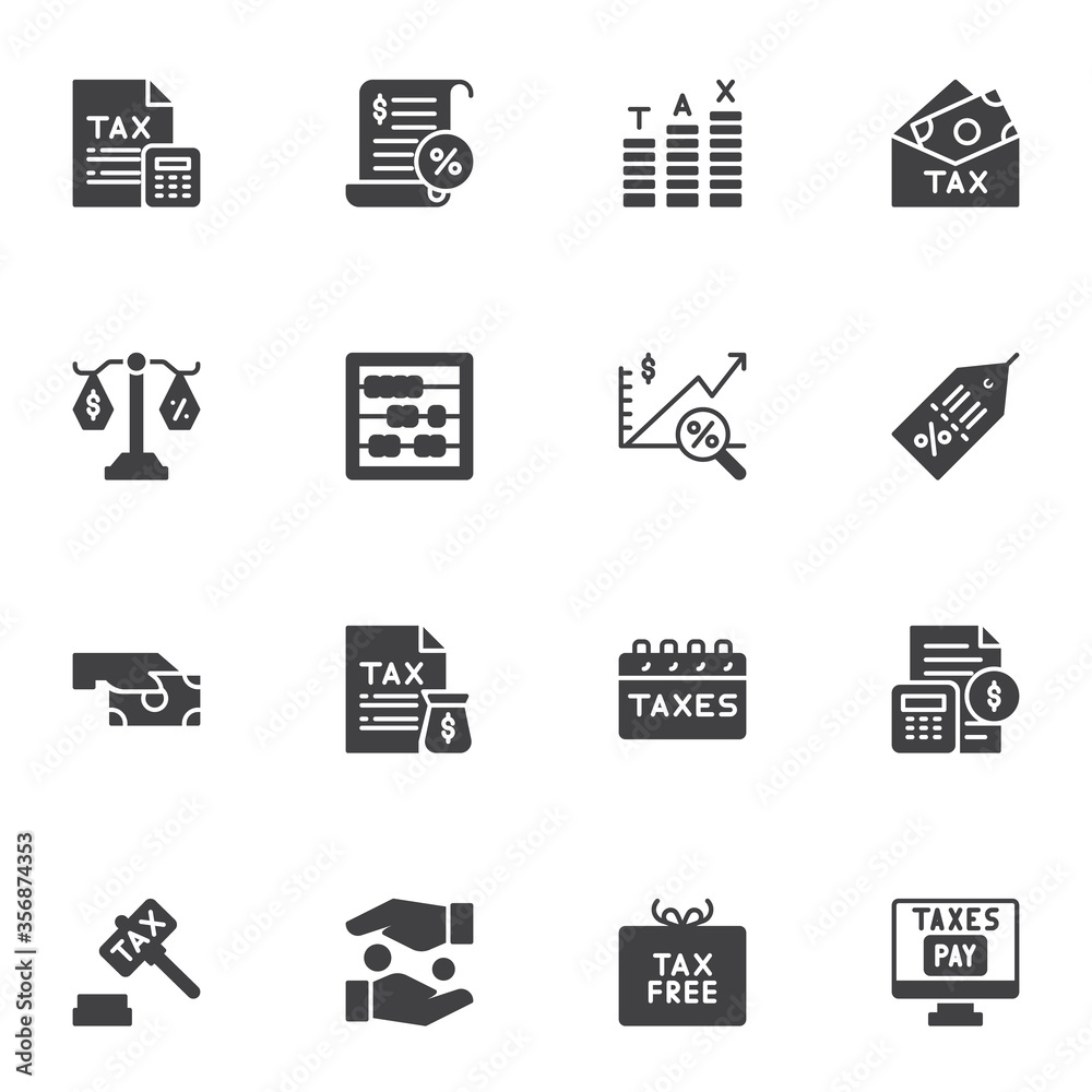 Taxes vector icons set, modern solid symbol collection, financial banking filled style pictogram pack. Signs logo illustration. Set includes icons as discount and Investment, loan, tax free, invoice Taxes vector icons set, modern solid symbol collection, financial banking filled style pictogram pack. Signs logo illustration. Set includes icons as discount and Investment, loan, tax free, invoice