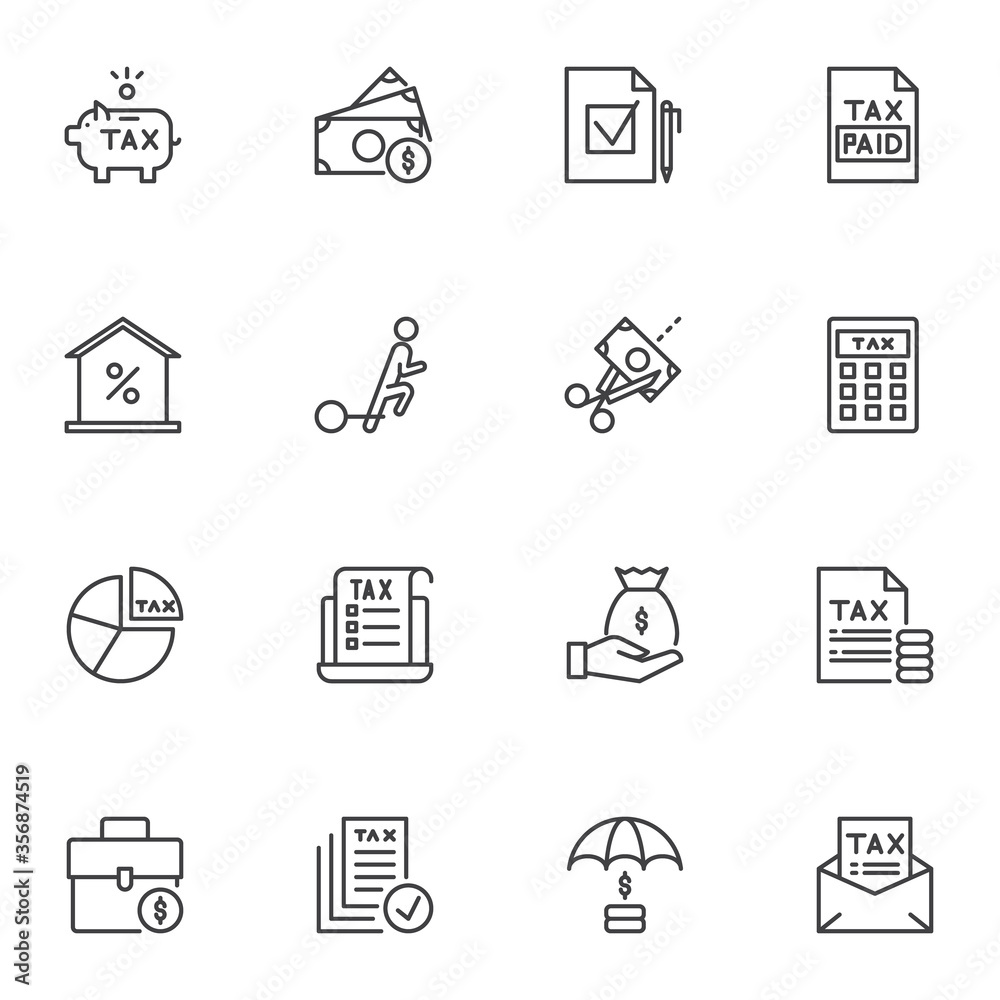 Tax line icons set, business and finance outline vector symbol collection, linear style pictogram pack. Signs logo illustration. Set includes icons - money savings, investment, loan, mortgage discount Tax line icons set, business and finance outline vector symbol collection, linear style pictogram pack. Signs logo illustration. Set includes icons - money savings, investment, loan, mortgage discount