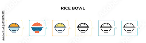 Rice bowl vector icon in 6 different modern styles. Black, two colored rice bowl icons designed in filled, outline, line and stroke style. Vector illustration can be used for web, mobile, ui