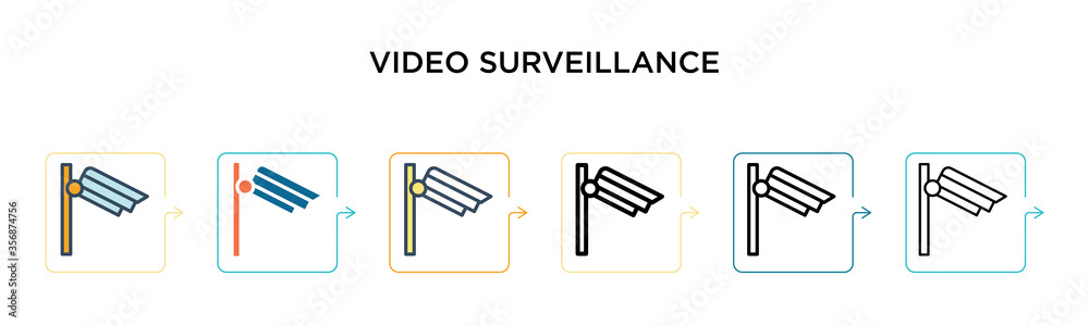 Video surveillance vector icon in 6 different modern styles. Black, two colored video surveillance icons designed in filled, outline, line and stroke style. Vector illustration can be used for web, Video surveillance vector icon in 6 different modern styles. Black, two colored video surveillance icons designed in filled, outline, line and stroke style. Vector illustration can be used for web,