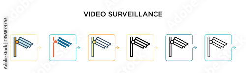 Video surveillance vector icon in 6 different modern styles. Black, two colored video surveillance icons designed in filled, outline, line and stroke style. Vector illustration can be used for web,