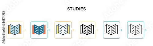 Studies vector icon in 6 different modern styles. Black, two colored studies icons designed in filled, outline, line and stroke style. Vector illustration can be used for web, mobile, ui