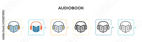 Audiobook vector icon in 6 different modern styles. Black, two colored audiobook icons designed in filled, outline, line and stroke style. Vector illustration can be used for web, mobile, ui