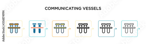 Communicating vessels vector icon in 6 different modern styles. Black, two colored communicating vessels icons designed in filled, outline, line and stroke style. Vector illustration can be used for