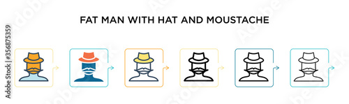 Fat man with hat and moustache vector icon in 6 different modern styles. Black, two colored fat man with hat and moustache icons designed in filled, outline, line and stroke style. Vector illustration