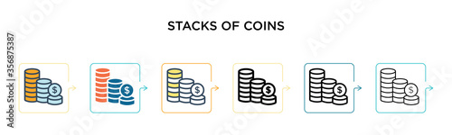 Stacks of coins vector icon in 6 different modern styles. Black, two colored stacks of coins icons designed in filled, outline, line and stroke style. Vector illustration can be used for web, mobile,