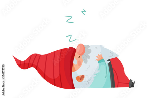 Fantastic Gnome Character with White Beard and Red Pointed Hat Sleeping Vector Illustration