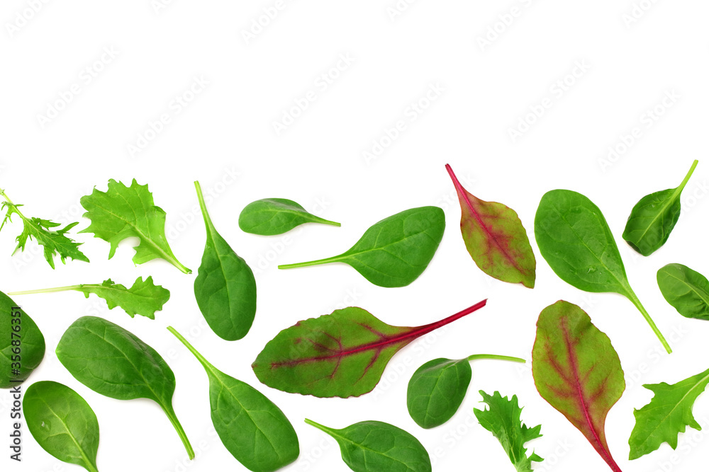 Mix of different salads isolated on white background. top view
