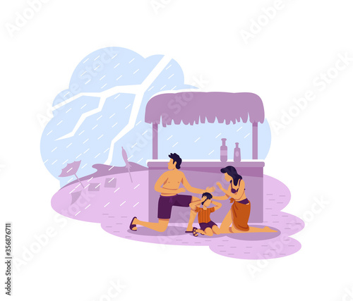 Family hiding from thunderbolt 2D vector web banner, poster
