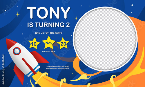 Kid birthday party invitation card design vector illustration with place for image and rocket