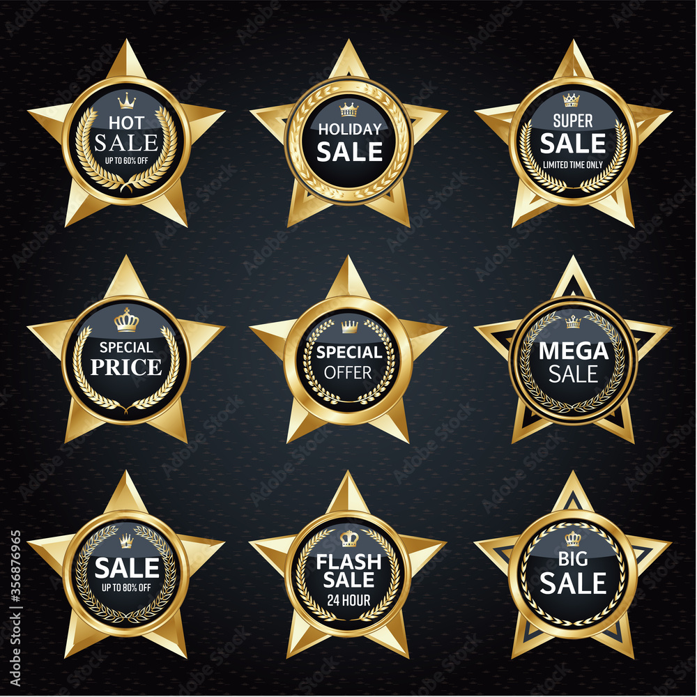 Naklejka premium 金色の星と円形フレームのラベルベクターセット