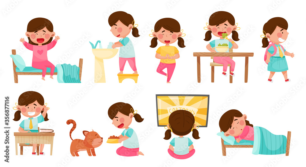 Cute Girl Character Going to School with Backpack and Eating Broccoli Vector Illustrations Set Cute Girl Character Going to School with Backpack and Eating Broccoli Vector Illustrations Set