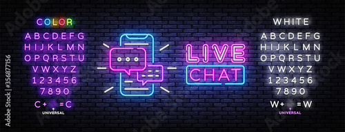 Live chat service neon sign vector. Social media communication, Design template neon sign, light banner, nightly bright advertising. Vector illustration. Editing text neon sign