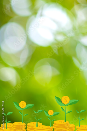 stacks of golden money coins with small tree growing on blur green garden background,wealthy and successful financial investment,illustration flat design