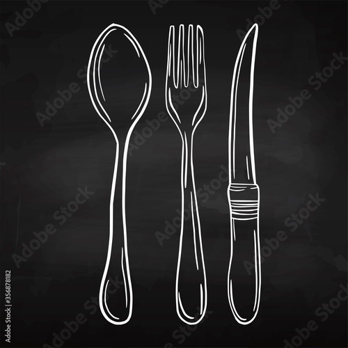 Fork, knife, spoon on a chalk board. Table setting. For your design.