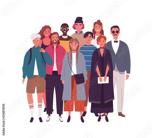 Group of smiling young multinational man and woman vector flat illustration. Crowd of happy diverse people standing together isolated on white. Modern multicultural society or population