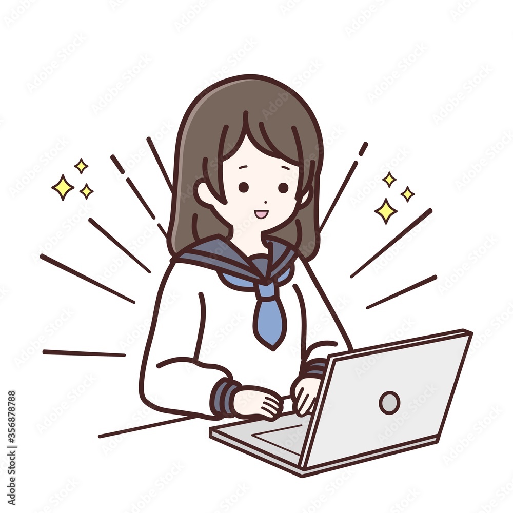パソコンをしている長袖制服の女子生徒