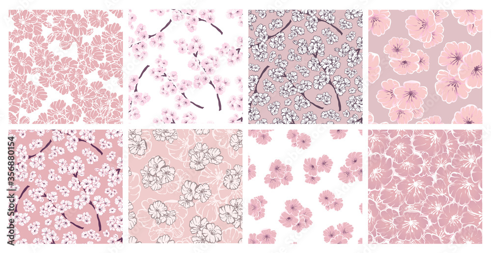 Set collection of eight hand drawn seamless patterns. Spring sakura, flowers, blooming tree branches, floral elements. Gentle illustration for greeting card, invitation, wallpaper, wrapping paper