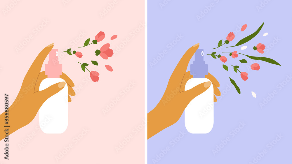 Flower aerosol, perfume, cosmetics concept. Female hand holding dispenser and spraying with petals, buds, leaves. Nature aroma, fragrance. Flower body water, beauty care. Banners, vector illustration