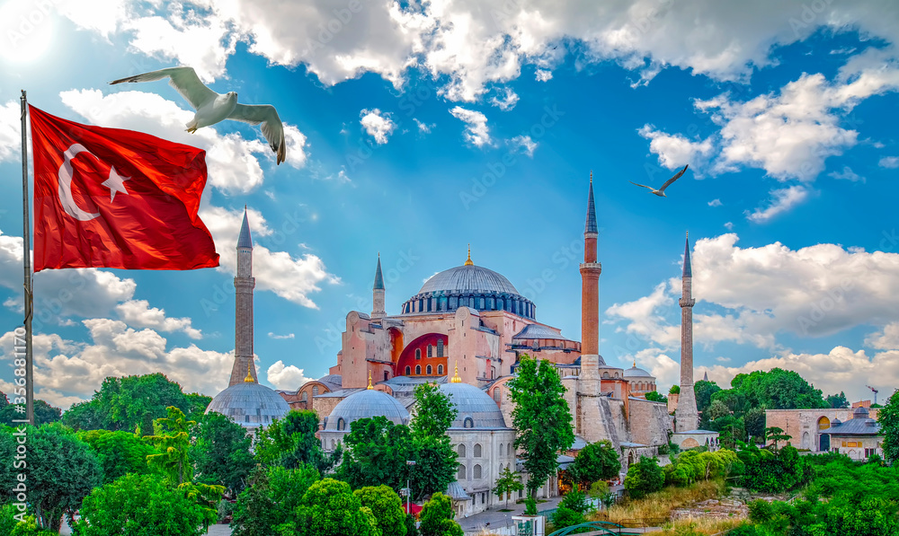 Fototapeta premium Hagia Sophia Museum, Turkish flag Istanbul, Turkey