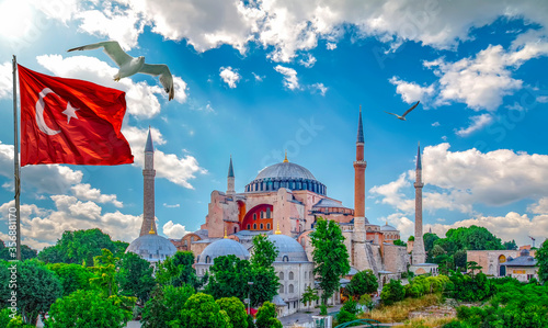 Hagia Sophia Museum, Turkish flag  Istanbul, Turkey