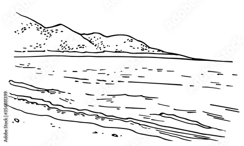 Seaside landscape with mountains. Hand drawn vector sketch ink illustration. Black on white background