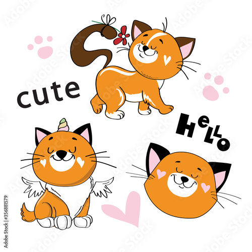 Collection of red cats on a white background isolated. Birthday card
