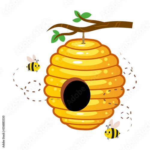 Yellow honey hive with cute bees hanging on a tree branch vector image. Cartoon illustration isolated on white background photo